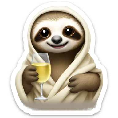 cute baby sloth wrapped in blanket holding a glass of white wine/prosecco sticker