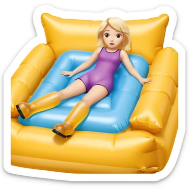 chica rubia con cara de miedo con unas botas de presoterapia gigantes inflables tirada en una cama amarilla sticker