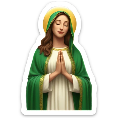 Virgin Mary: kind face looking down at the left, long brown hair, Wearing an emerald green  robe with gold stars and a burgundy red dress,  Hands in prayer or blessing. Halo around her head. standing in front of a big sun. colorful roses on the sides  sticker