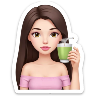 exotic pale girl, very full lips, long straight brunette hair, long lashes, pastel pink tube top, sipping tea  sticker