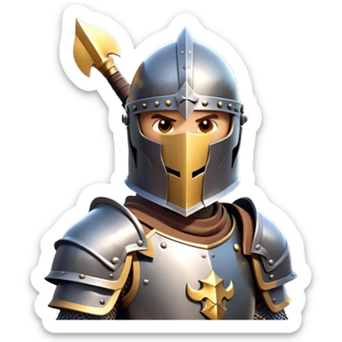 clash-of-clans-aesthetic_-cinematic-fearsome-and-majestic-knight-bust-portrait-emoji, rendered in a flat, vector-style with minimal shading and bold, simplified shapes, depicting a battle-ready medieval knight with steely eyes and intricate armor, mounted on a warhorse reflecting sunlight over a misty battlefield. sticker
