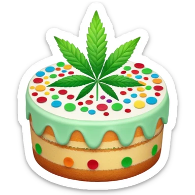 Colorful confetti cake with mint leaves and a cannabis leaf decoration on top sticker