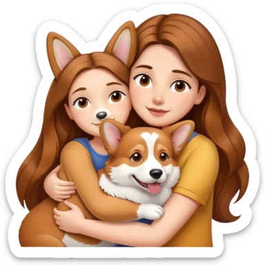 Girl with long brown hair hugs a corgi dog sticker