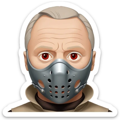 Icon for Hannibal Lecter (Anthony Hopkins): A chilling design with a close-up of Hannibal's face wearing the iconic muzzle mask. Dark, ominous background with sharp lighting to emphasize his intense gaze. A sinister, psychological thriller atmosphere. Transparent background. sticker