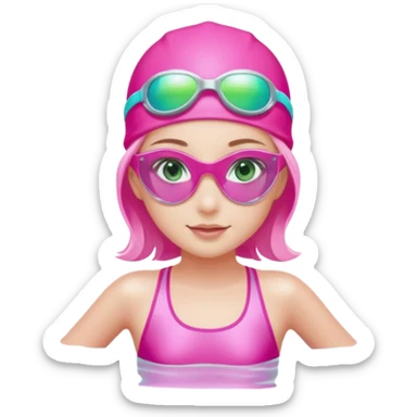 pretty girl with green eyes pink swim cap holographic swimming glasses and cute profesional swimmer pink swimsuit without her hair visible swimming sticker