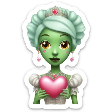 a green amazon alien woman in Victorian white gold, pink hair full body,holdig red big hearth sticker