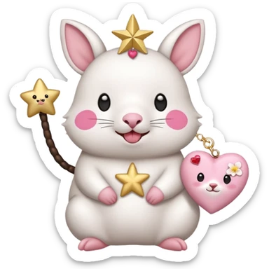 GENERATE ME A MOMONGA WHITE ANIMAL  FROM CHIIKAWA AND PUT A SAKURA FLOWER ON HIS HEAD AND A STAR PELT ON HIS BELLY AND A HEART PURSE ON HIS ARM WITH HIS FACE MAKE HIS TOUNGE STICK OUT WITH A LITTLEPINCH OFDROOL sticker