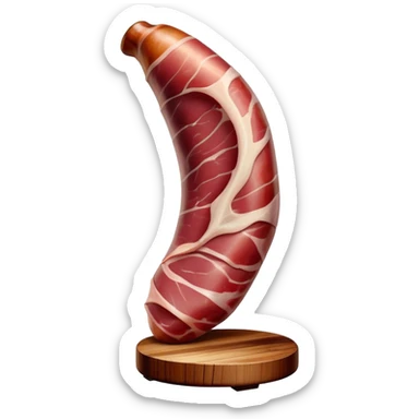 ​Cinematic Realistic Spanish Jamón Leg, depicted as a massive, cured leg of Jamón serrano (ham) with a deep reddish-brown hue, intricately marbled and slightly glossy with age, elegantly displayed on a rustic wooden stand and bathed in warm, soft lighting that accentuates its artisanal heritage, sticker