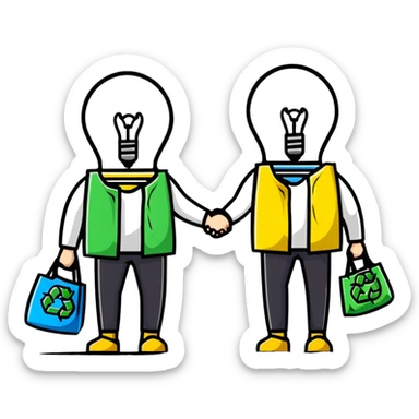 a lightbulb and a battery holding hands, each with recycling bags, walking to recycle sticker