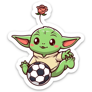 baby Yoda kicking a soccer ball with small roses beside him sticker