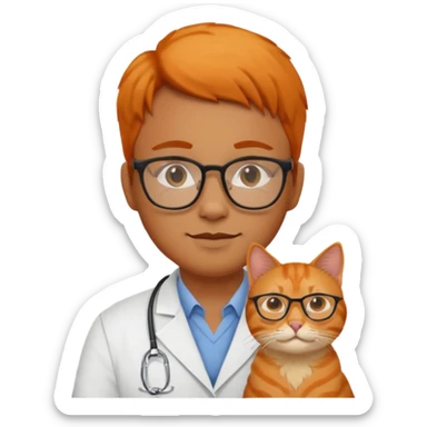 Veterinario trigueño con lentes y  un gato naranja sticker