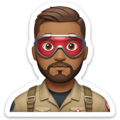 sam wilson with very short, neatly cropped and a well-groomed beard that connects to his mustache,  wear sleek, red-tinted tactical goggles fit snugly from captain america: civil war sticker
