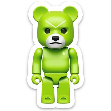 geometric bearbrick figurine with block-shaped head, lime green mask covering face except for prominent expressive eyebrows, iconic bear toy sticker