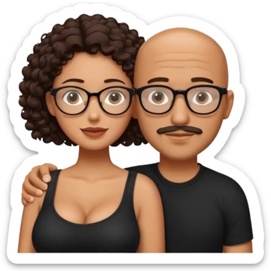 A picture of an embracing tanned couple. the man is a Mexican man with tanned skin, with a bald hair cut, short beard and wearing a black shirt. the woman is short with long curly dark brown hair and with big boobs. Put glasses on the woman only. The man doesn't have glasses. sticker