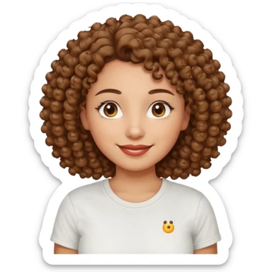 
professional, curly brown lady with hazel eyes, a little dot on the top of the left lip, a normal t shirst sticker