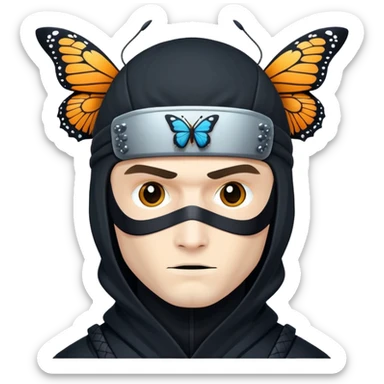 Crea un emoji con estos dos emoji 🥷🏻🦋
él ninja de piel blanca con la mariposa posada en cabeza como si estuviera volando. sticker