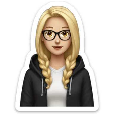 white girl with glasses and long blonde hair and black hoodie and a red doberman sticker