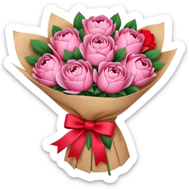 Bouquet of pink flower like rose and peony wrapped in kraft paper with red bow sticker