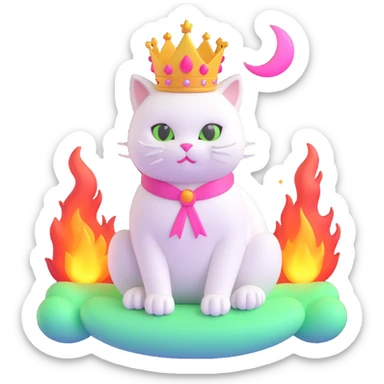 Change the 3D cat pose: a white cat with a pink ribbon and crown sitting in a different pose on a light green moon with fire effects. Transparent background. Keep the 3D emoji style. sticker