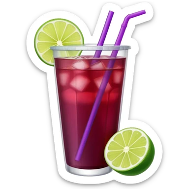 maroon purple cocktail with a lime wedge in the drink in a plastic cup with lid and straw

 sticker
