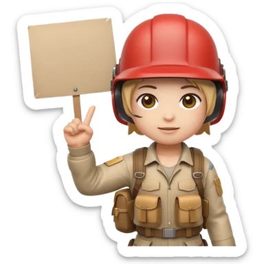 Create a cute emoji-style PUBG Mobile character, chibi version with helmet and backpack, standing in victory pose, holding a blank white sign or paper sheet in both hands in front of chest, ready for text, clean white background, simple emoji design” sticker
