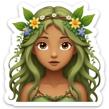 Cinematic Realistic Forest Nymph Fairy Portrait, depicted with lifelike, sun-kissed tanned skin that radiates an earthy glow, softly illuminated by natural, dappled light. Her long, flowing hair is intricately detailed and interwoven with delicate vines and wildflowers, while her deep, soulful eyes mirror the wisdom of the forest. Dressed in an attire inspired by nature’s palette—with subtle botanical motifs—the portrait exudes a soft, enchanted glow that melds realism with woodland magic. sticker
