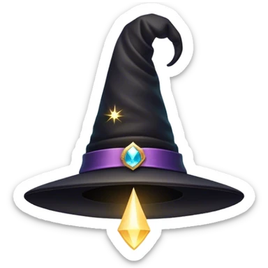 A mysterious black magician’s hat floating in mid-air, surrounded by soft glowing sparkles and a subtle magical aura. A faint swirl of energy flows underneath, giving the illusion of levitation. Flat, modern illustration, clean and minimalistic, digital art, white background, iOS emoji aesthetic. sticker