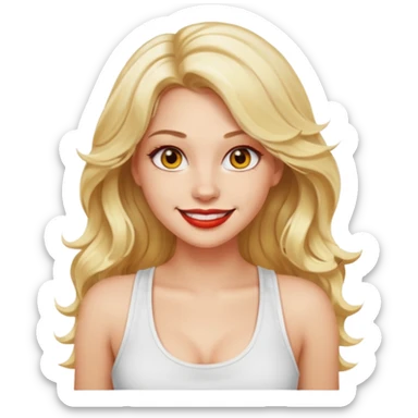 a woman with white tank top and smile, her hair is long wavy blonde hair, her face is baddie girl style, her eyes color are yellow and the color of her lip is soft red sticker
