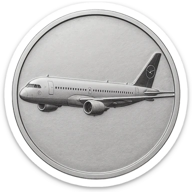silver coin with embossed modern commercial airplane resembling an Airbus in Lufthansa livery, subtle details, numismatic style sticker