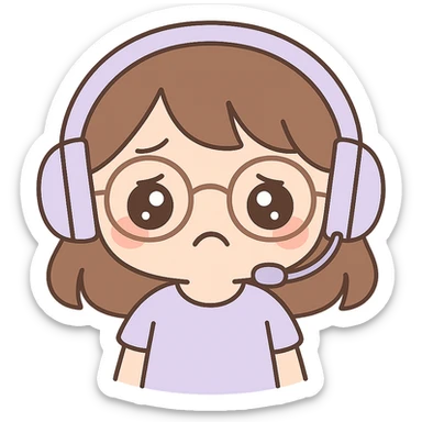 Edit the image to depict a female brunette with glasses and a purple gaming headset in chibi style, with a sad facial expression. Keep the background transparent. sticker