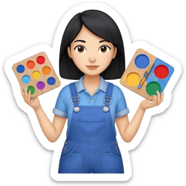 Créame emoji de una mujer que sea diseñadora industrial, pelo negra, piel morena, femenina con overol y una paleta de colores o herramientas de taller  sticker