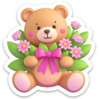 a teddy bear with a pink bow on its head, holding a bouquet of white and pink flowers with green leaves, and small pink hearts floating around sticker