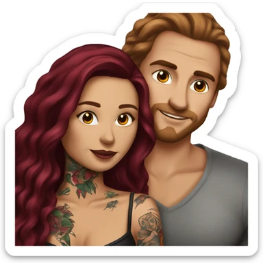 Beautiful tattooed burgundy long haired woman laying on the boyfriends chest sticker