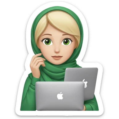 blond women skine , with green eyes , with scarf hijab , heid the hair, with macbook sticker