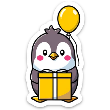 daizy penguin holding a balloon, sitting on a gift box, cartoonish sticker style sticker
