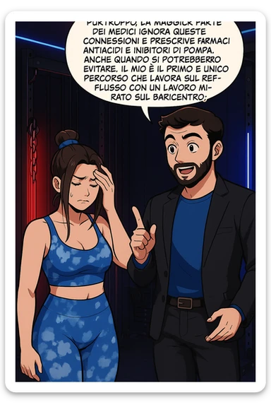 TRASFORMA QUESTO CAROSELLO IN UN FUMETTO STILE WEBTOON/MANGA A COLORI CON QUESTE DUE PERSONE IDENTICHE CHE INTERLOQUISCONO TRA LORO, L'uomo sta spiegando alla donna questo concetto MENTRE LA DONNA SI TIENE la mano sulla fronte sconcertata:

LUI (UOMO): Purtroppo, la maggior parte dei medici ignora queste connessioni e prescrive farmaci antiacidi e inibitori di pompa, anche quando si potrebbero evitare.
Il mio è il primo e unico percorso che lavora sul reflusso con un lavoro mirato sul baricentro; sticker