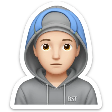 make an image of white person wearing hoodie with "BST" letters on it sticker