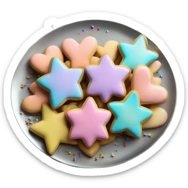 Realistic both star shaped cookies and heart shaped cookies together with pastel ombre icing and sprinkles piled up on a metallic silver plate. sticker