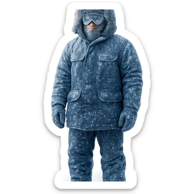 a scientist bundled up in extreme cold weather gear, wearing goggles, thick parka, gloves, and snow boots, only face partially visible, standing in snow sticker