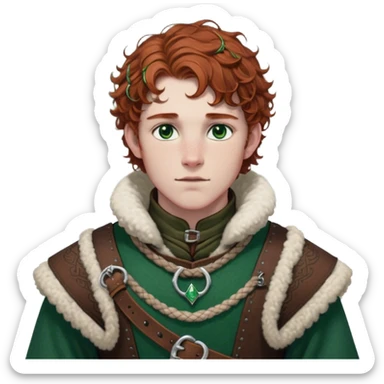 Medieval winter outfit worn by a DnD themed fantasy male character. Rich brown leather-trimmed wool tunic with sheepskin lining, featuring intricate metal buckles at the collar, paired with a heavy braided belt. Clothes only above the waist, full waist coverage. The character has no arms. Character is white-skinned with auburn hair, emerald green eyes, and short curly hair beneath a light dusting of snow. sticker