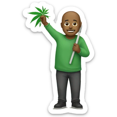 A man holding a flag on which there is a a green cannabis leaf.  sticker