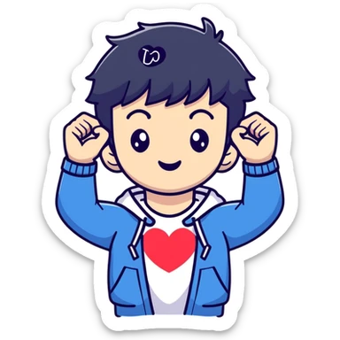 Black-haired male idol making a heart shape with his arms above his head, K-pop style sticker