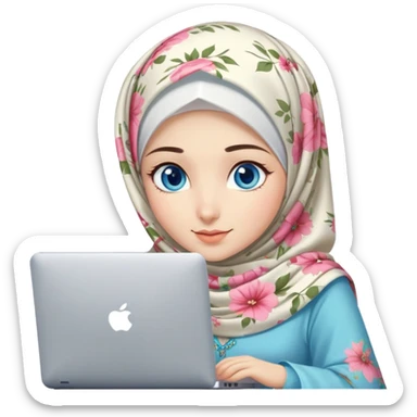 Turkish beautiful finish Konya girl blue eyes and light floral hijab and dress and she work on office with computer sticker