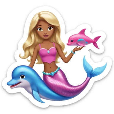 Brown skin blonde hair barbie mermaid with pink dolphin  sticker