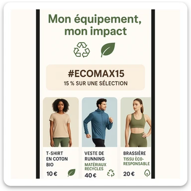 vertical mobile interface mockup for Decathlon, clean style, integrated slogan 'Mon équipement, mon impact', sustainable sports clothing presented in cards, eco-responsible pictograms (recycling, leaves), promo banner #Ecomax15, natural colors (greens, beige, light blue), sporty and committed ambiance sticker