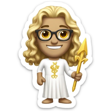white Poseidon with gold Trident and nerd glasses. long hair white dress. smile . wink. pointing us sticker