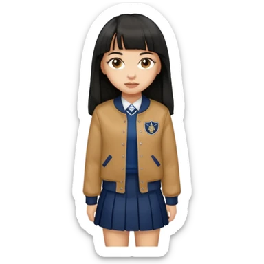 hair : black long hair with fringe 
skin : light 
cloth : brown varsity jacket + navy long long school girl skirt 


 sticker