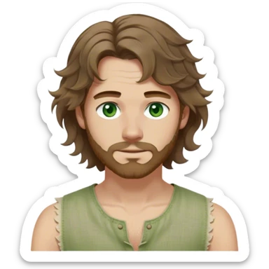 medieval summer outfit worn by a DnD themed fantasy male character. basic sleeveless linen tunic with a loose fit and frayed edges. clothes only above the waist. The clothes full waist. The character's haven't arms. character is white-skinned, brown hair, green eyes, shoulder-length wavy hair. sticker