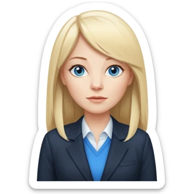 40 yr old white woman, pale skin, long straight blond hair parted in center, blue eyes, bangs, dress clothes for work sticker