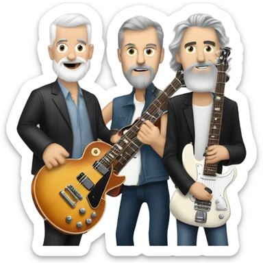 Three white mature musicians. one on a Gibson Les Paul guitar with a beard, one on a Fender Precision bass that is very tall and one playing banjo with a short gray beard sticker